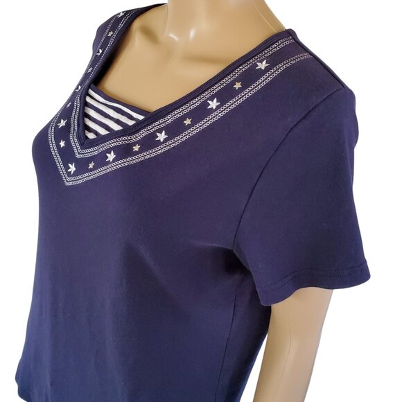 Karen Scott Nautical Sailor T Shirt Women's L Navy Blue Embroidered Knit Stretch - Picture 6 of 12
